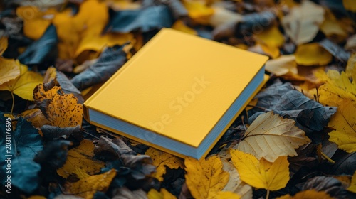 Yellow book lies upon golden autumn leaves