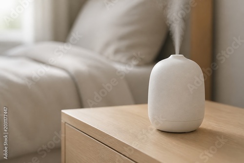 Billede på lærred Small white diffuser on wooden table near bed releases steam in a simple room se