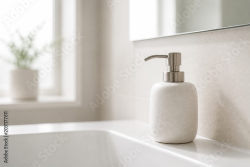 Soap dispenser sits next to a sink in a bathroom with a window and a plant on display