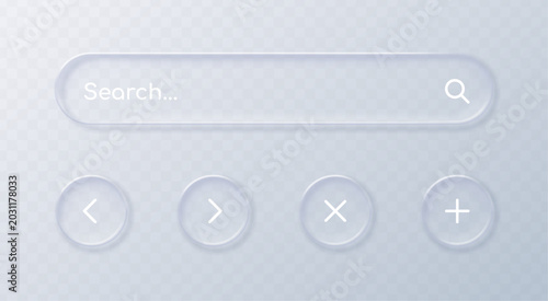 Bild auf Leinwand Realistic liquid glass UI elements set with search bar and buttons isolated on transparent background
