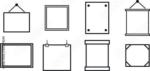 Hanging frame outline icon set with wall display styles, Picture border and sign holder symbols, Decorative frame collection