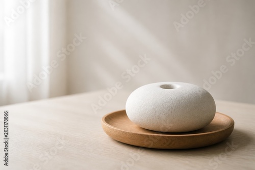 Modern ceramic icon sits on a wooden plate against a light wall with soft shadows in a simple indoor setting
