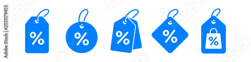 Photos Set of blue discount price tag icons with percentage symbols for retail, shopping, and commercial sales promotions on a white background