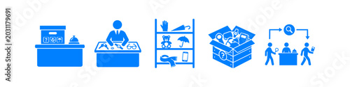 Photography Blue minimalist icons representing lost and found services, including storage shelves, retrieval desks, and item processing