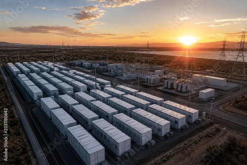 Large battery energy storage facility at sunset aerial view