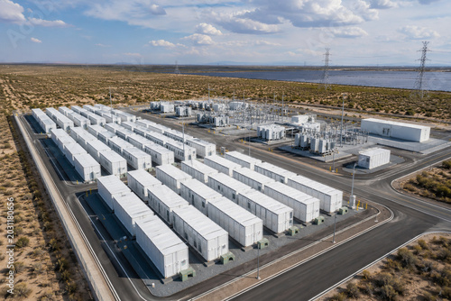 Aerial drone view of utility scale battery storage power plant