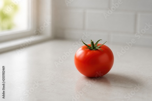 Foto Fresh red tomato on a kitchen counter with natural light shining through the win