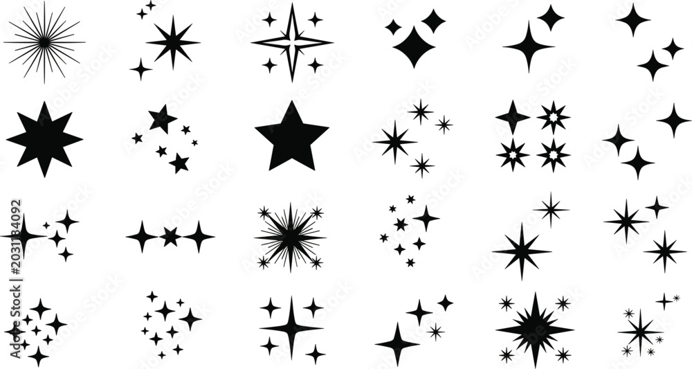 Fototapeta premium Black Sparkle and Starburst Icon Set with Minimalist Twinkle Shapes and Glitter Symbols for Elegant UI Design, Festive Branding, and Decorative Logo Accents