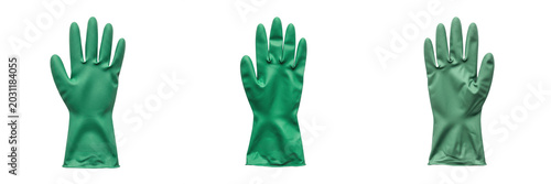 Bild auf Leinwand Set of Green Rubber Gloves Protective Household Cleaning Gear PNG Collection