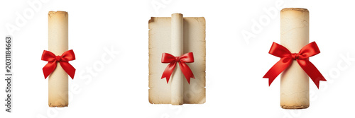 Foto Set of Vintage Paper Scrolls Rolled Manuscripts with Red Ribbon PNG Collection