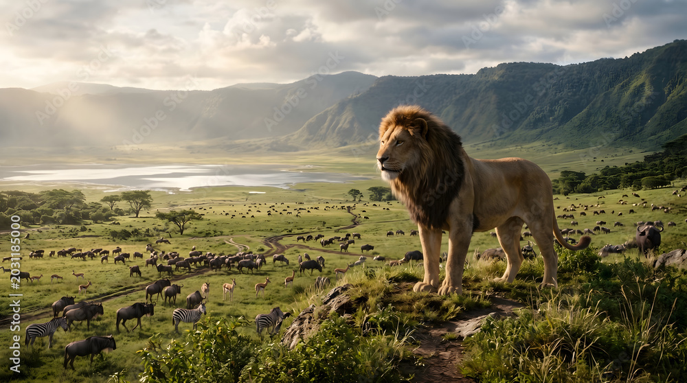 Obraz premium Lion king of savanna with herd of wildebeest and zebras