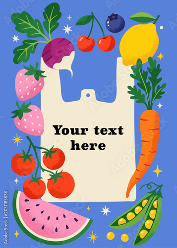 Fresh market produce shopping bag illustration with fruits, vegetables. Flat lay of fresh farm produce with copy space, market banner. Organic food, fresh vegetables illustration for market promotion