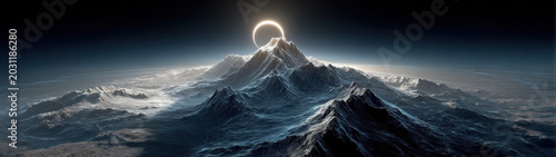 A brilliant solar eclipse crowns a rugged mountain peak in Lunar Crest Horizon, illuminating an expansive, textured landscape of ice and stone beneath a pitch-black cosmic sky