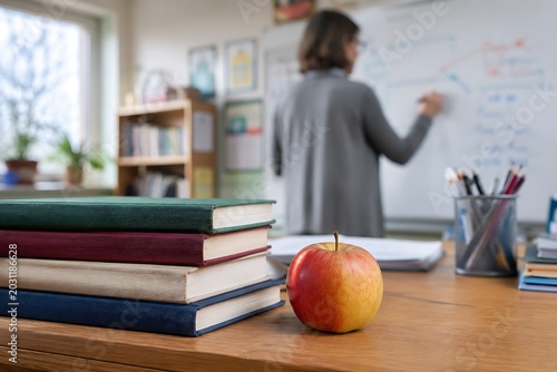 Teacher / Educator
Ultra‑realistic classroom scene. A worn wooden apple and a stack of books with textured covers (no titles) rest on a teacher’s desk in the foreground. In the blurred background 