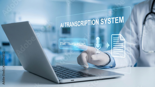 Doctor using AI transcription system for medical notes, futuristic voice to text technology on laptop, professional blue tone