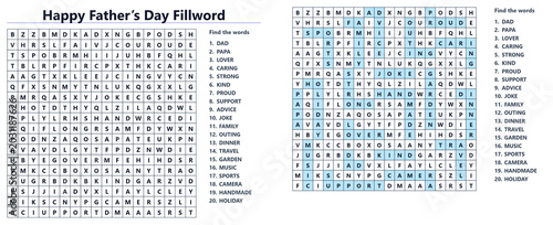 Father's Day word search puzzle with listed solutions and grid  