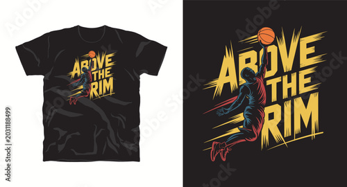 Basketball t-shirt design with player dunking above the rim and dynamic motion lines in urban streetwear style.