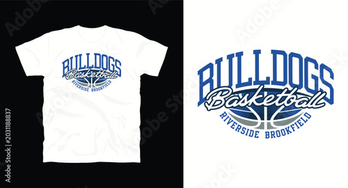 Bulldogs basketball t-shirt design featuring arched typography and riverside brookfield team branding with ball graphic.