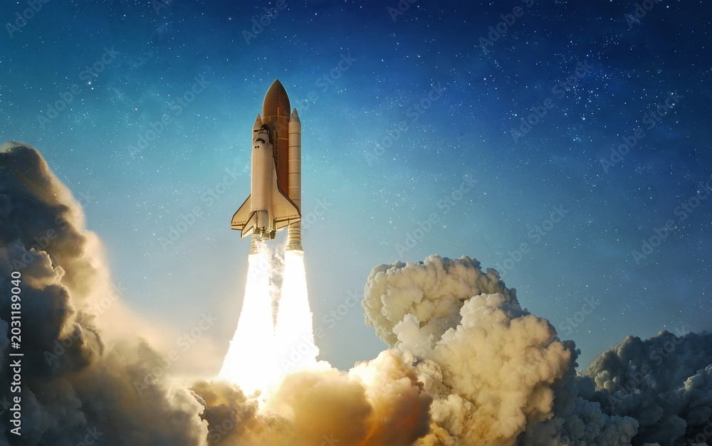 Fototapeta premium Space Shuttle in the sky. Rocket fly in space. Spaceship mission. Launch of rocket carry astronauts in outer space. Elements of this image furnished by NASA. Not AI. Photo collage