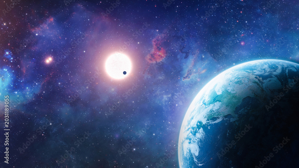 Obraz premium Planet Earth globe in outer space with bright stars and Sun. Landscape with planet surface and starry sky. Our Universe. Elements of this image furnished by NASA. Not AI. Photo collage