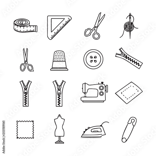 Sewing tools and notions arranged in a grid with clean lines against a white background
