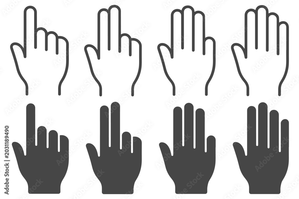Fototapeta premium Hand gesture icon set with outline and filled variations. Finger pointing and open hand symbols.