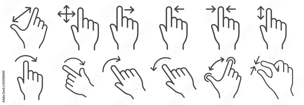 Obraz premium Hand gesture icons for touchscreen actions on transparent background