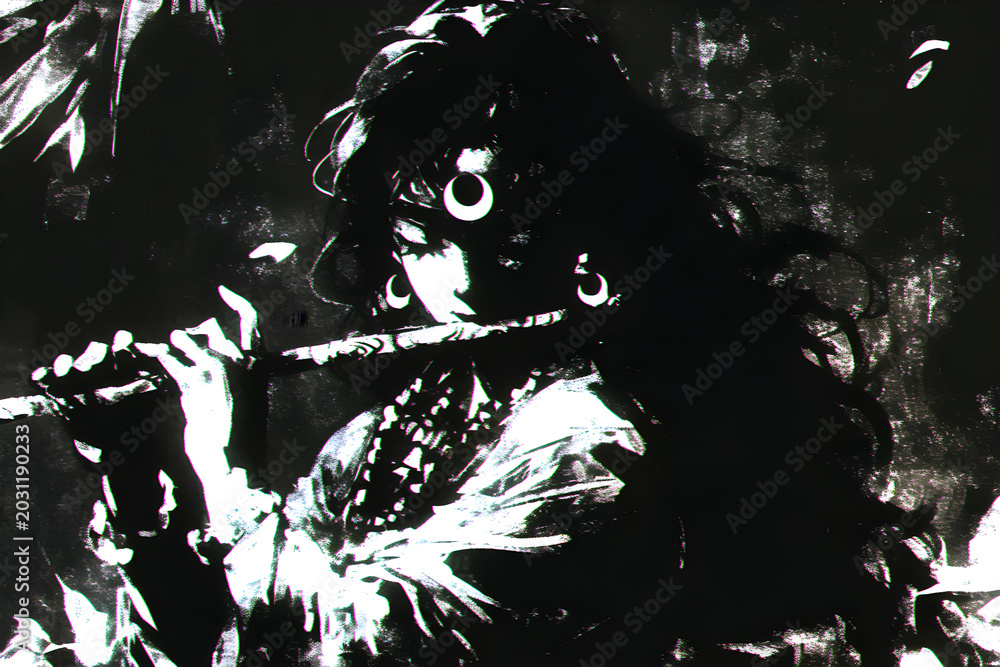 Fototapeta premium Lord Krishna playing music on bamboo flute. Digital illustration of Hindu deity for Krishna Janmashtami celebration. Artistic black white graphic art depicting divine spiritual musician.
