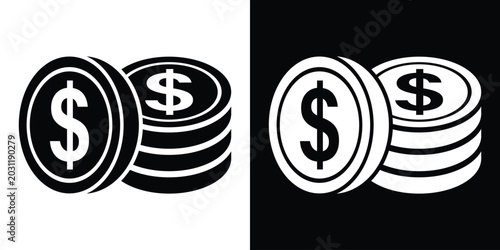 A tilted dollar coin leaning against a neat stack of coins. Revenue generation, asset management, and wealth creation icon vector in black and white.