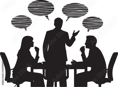 Black silhouette family discussion with thought bubbles and light bulbs