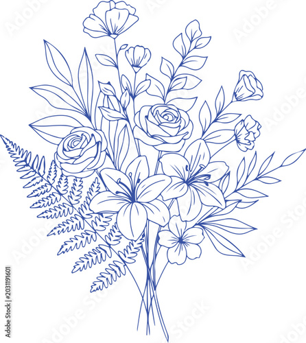 Blue line floral bouquet with roses and lilies white