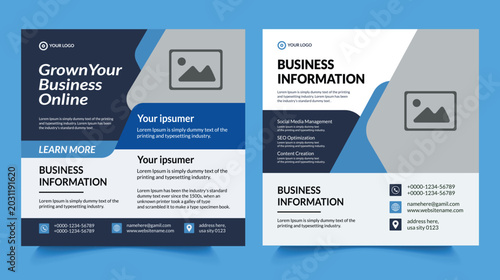 Blue and white business website mockups with text and