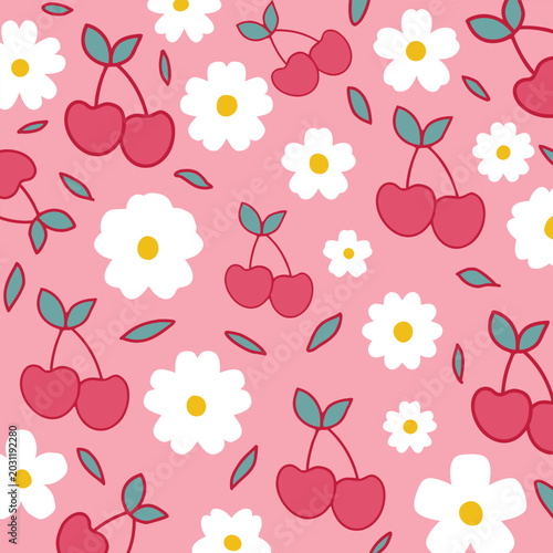 Cherry Floral Seamless Pattern on Pink Background, Cute Summer Fruit Design.