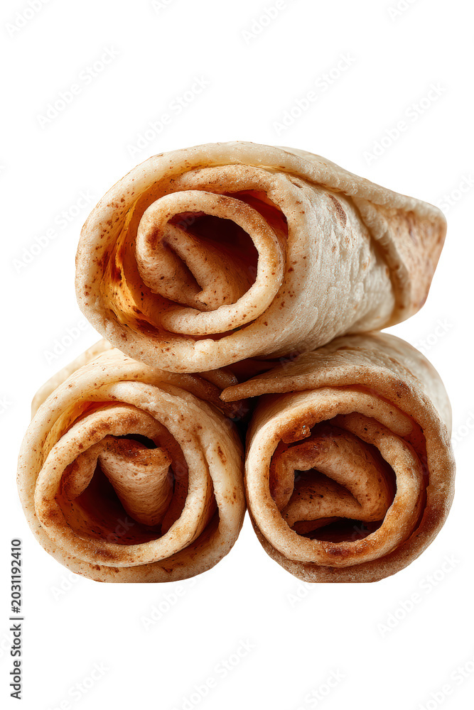 Fototapeta premium Stack of three soft rolled flatbreads isolated on transparent background front view highlighting textured layers and golden brown crust for commercial food marketing and professional menu