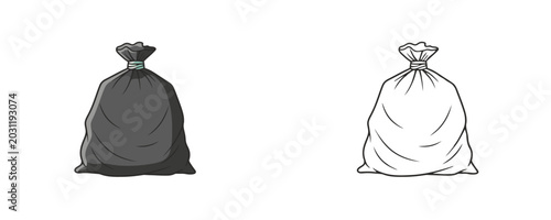Obraz na płótnie Trash bag cartoon illustration featuring tied plastic garbage sacks in black col