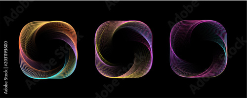 Geometric neon pattern with radiant curves and dotted elements. Futuristic background features vibrant colors, dynamic motion, and modern graphic design .
