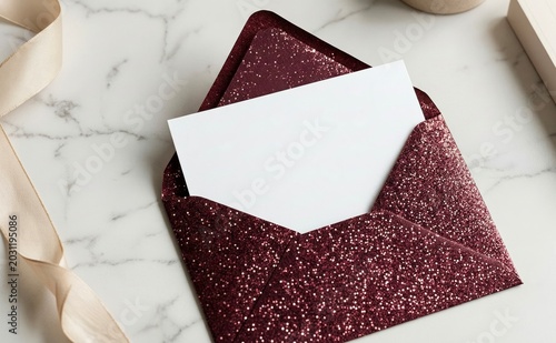 Glitter Envelope with White Card on Marble Surface for Wedding Invitations