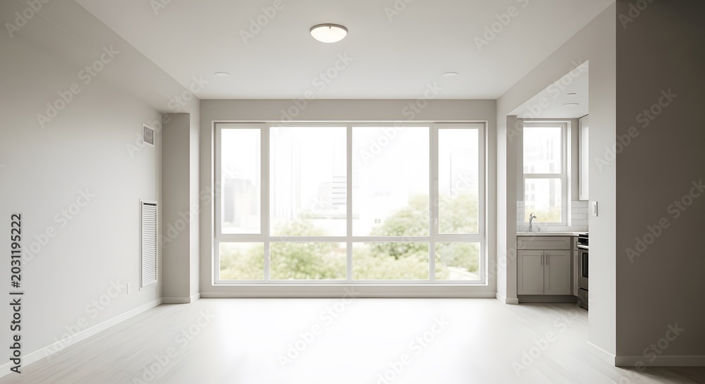 Fototapeta premium Photo of empty modern apartment living space with large windows and city view