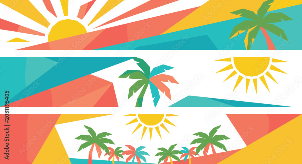 Obraz premium Set of three horizontal summer typical banners with geometric Sun and Palm trees, abstract beach vacation background vector illustration