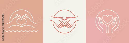 Collection of three line art icons representing hands forming hearts and cradling a heart symbol