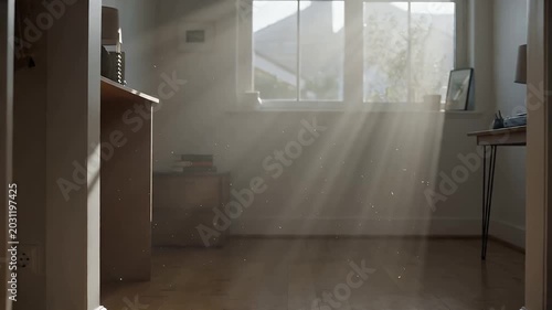 Sunlight streams through window illuminating dust in peaceful home interior