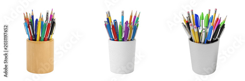 фотографія Set of White Pen Holder Cup Filled with Colorful School Pencils, Isolated on Tra
