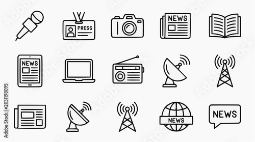 A collection of line art icons representing media and communication tools. The icons include a microphone, press pass, camera, newspaper, book, tablet, laptop, radio, satellite dish, antenna.