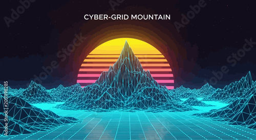 Vibrant retro-futuristic digital landscape featuring a glowing wireframe mountain range under an energetic neon sunset, evoking a nostalgic synthwave aesthetic