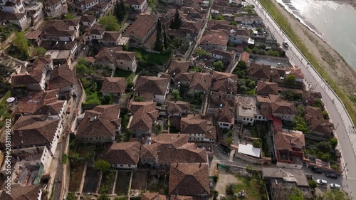 Drone Flight Above Historic Red Tile Roofs in Christian Quarter Gorica of Berat