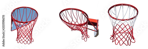 Fotografie Set and collection of red professional basketball net goal hoop backboard sports