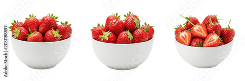 Obraz na płótnie Set and collection of fresh organic red strawberries in a white ceramic porcelai