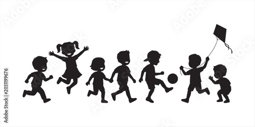 Bild auf Leinwand Active children silhouette icons set, 8 vector boy figures playing and running,