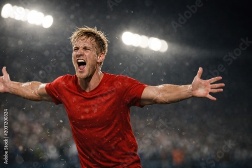 Soccer Player Celebrating Victory After Scoring Goal. Emotional Football Athlete Shouting With Arms Outstretched Under Stadium Lights. Sports Success And Championship Concept.
