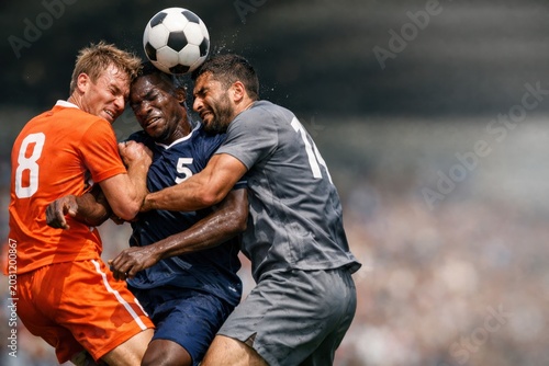 Three Soccer Players Fighting For Header In Crowded Match. Intense Football Aerial Challenge And Physical Duel. Football World Cup Concept. Soccer World Cup Concept With Copy Space.